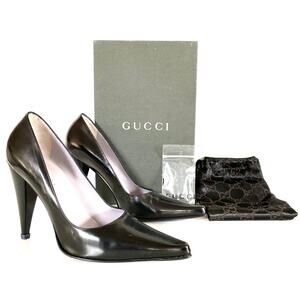 Gucci Black Brush Calf Leather Décolleté Pumps 7.5 B Made in Italy Cone Heel
